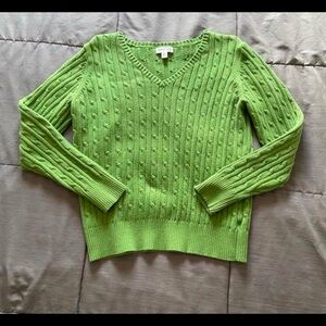 Green V-Neck Cable Knit Sweater